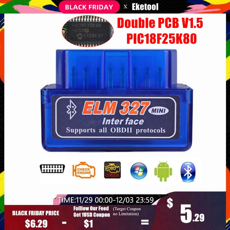 Аппаратное обеспечение V1.5 чип PIC18F25K80 ELM327 Bluetooth V1.5 автоматический считыватель кодов Супер Мини ELM 327 работает на Android Symbian FW V1.5 лучший