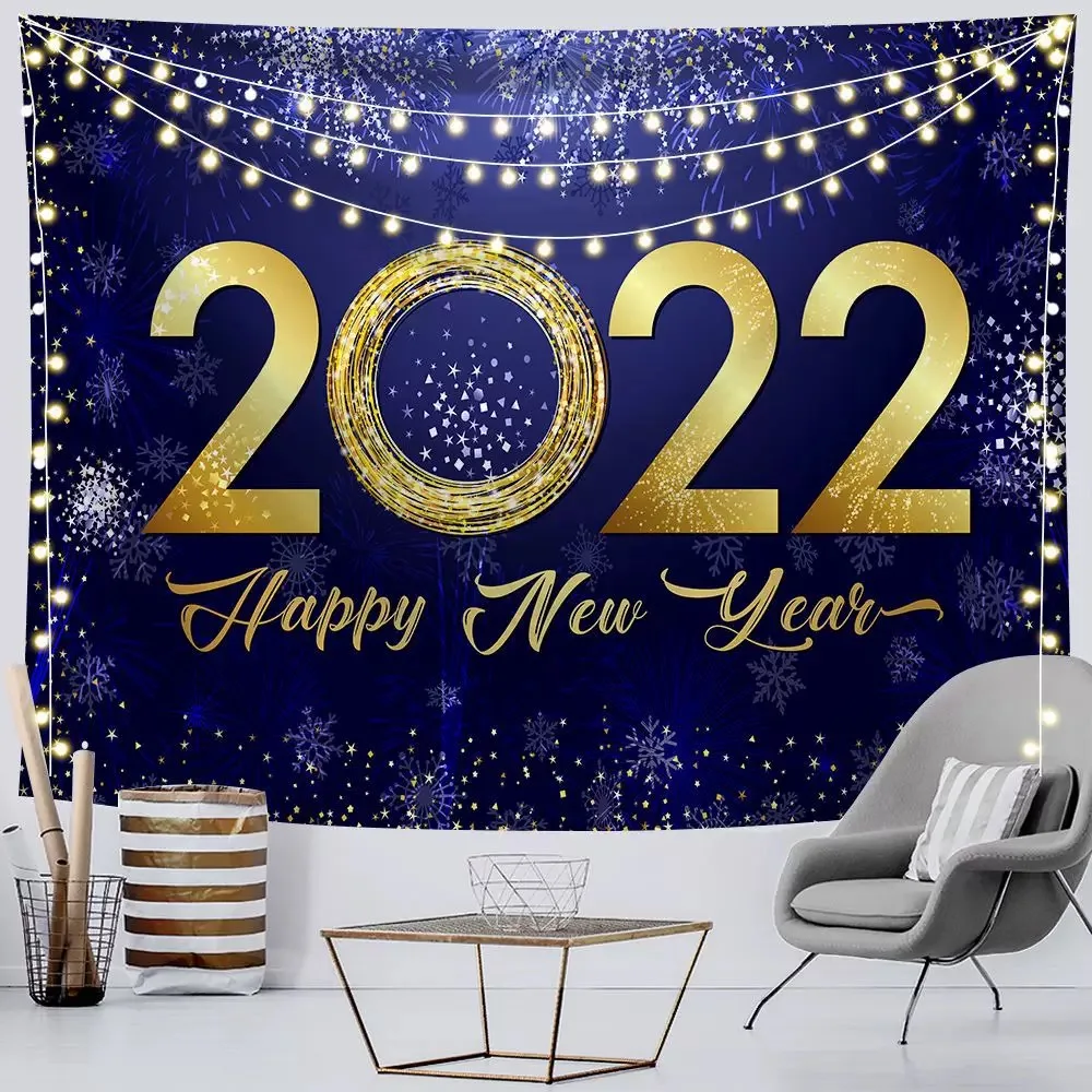 

Happy New Year Tapestry Wall Hanging Colorful Fireworks Red Black Tapestry Party Bedroom Living Room Dorm Festival Decorations