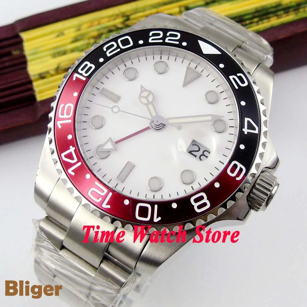 

Часы Bliger watch 43 мм GMT 3804 автоматические мужские часы белый стерильный циферблат красная и черная Безель сапфировое стекло 355