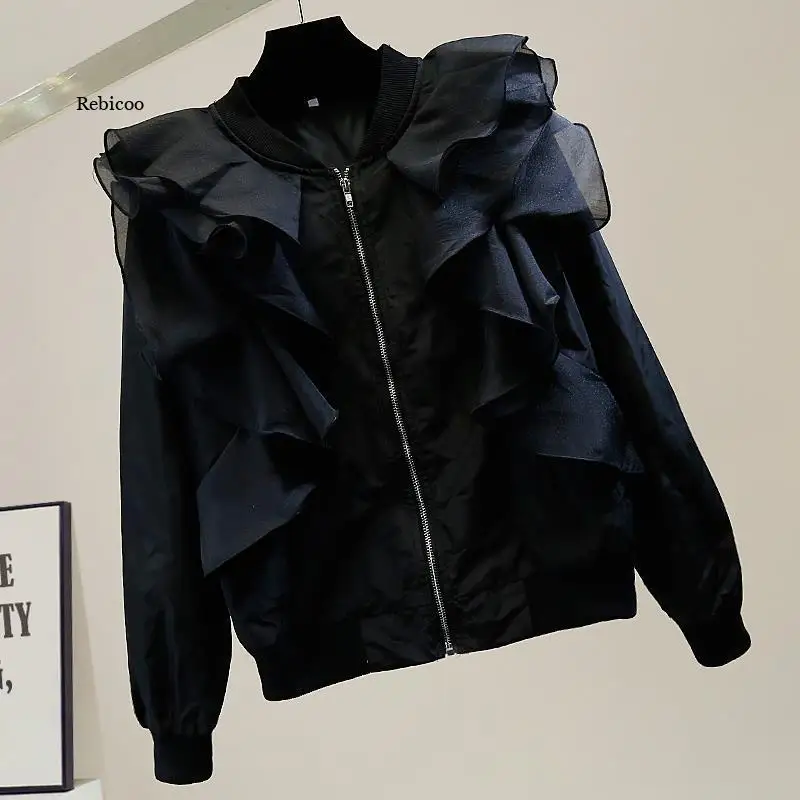 

Ruffle Patchwork Jackets Women Zip-up Long Sleeve Loose Coats Tops Korean Fashion Autumn New Chic Clothes Outerwear