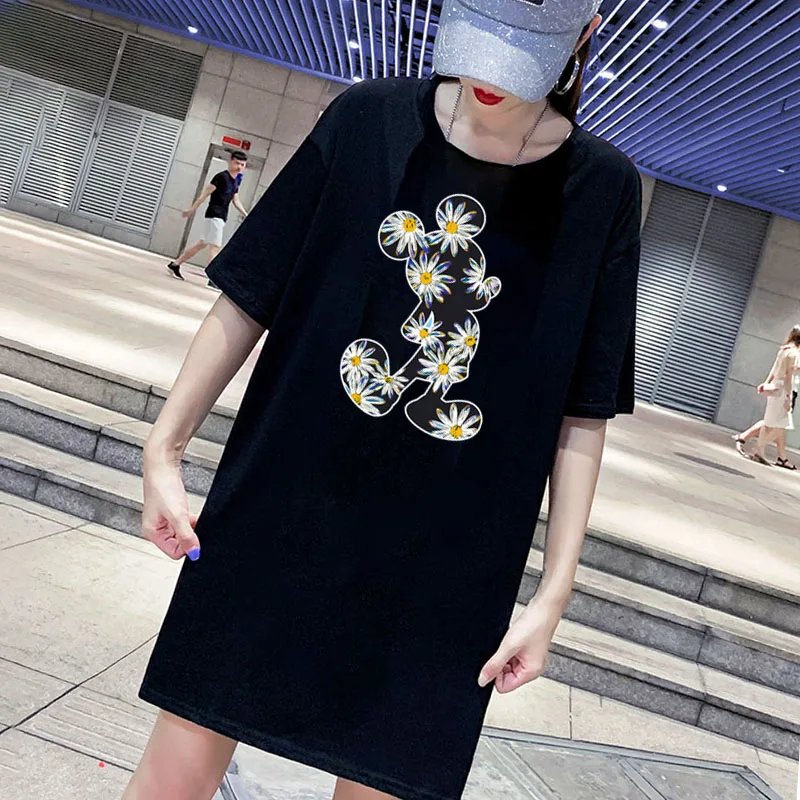 

Women T-Shirt Dress Harajuku Short Sleeve Vintage Mickey Print Plus Size Mini Dresses Casual Loose Party Summer Femme Streetwear