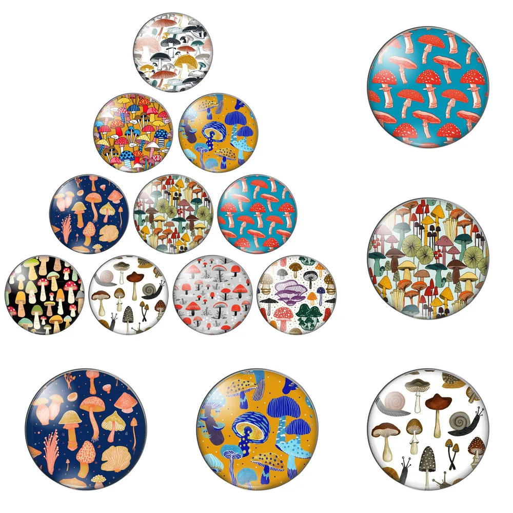 

12pcs/lot Mushroom Group Painting Happy Atmosphere 8mm-30mm Round Photo Glass Cabochon Demo Flat Back Making Findings