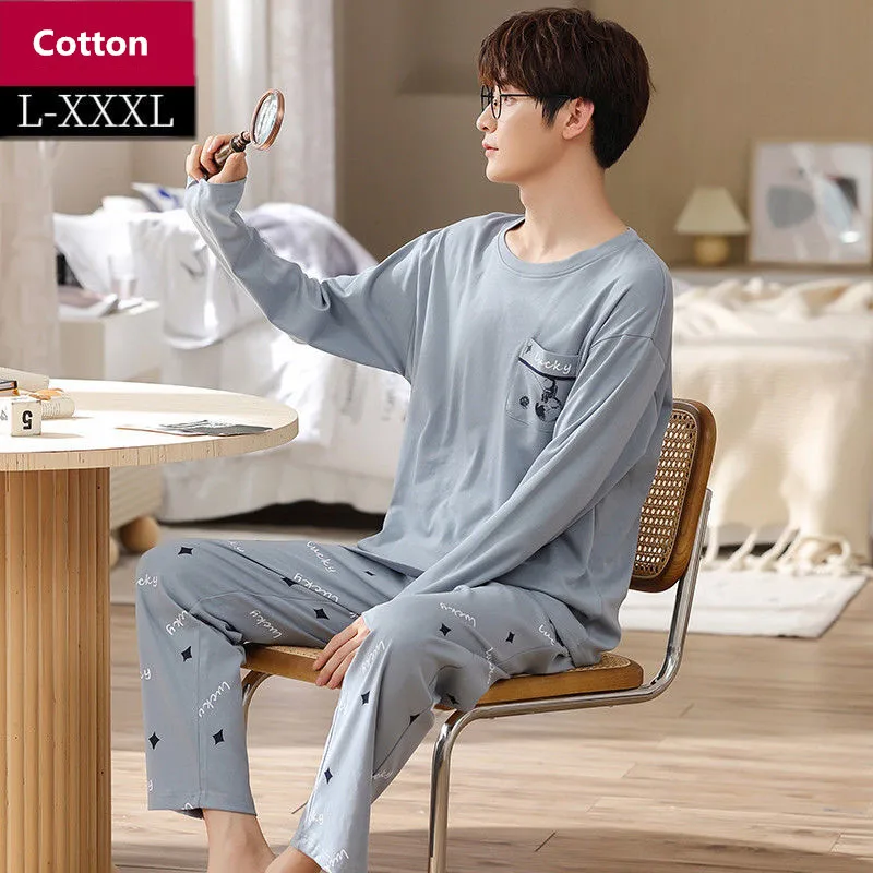 

Pajamas Men's Cotton Long-sleeved Trousers Pijamas Two-piece 2021 Autumn New Loose Plus Size Sleepwear Cartoon Nightwear Suit