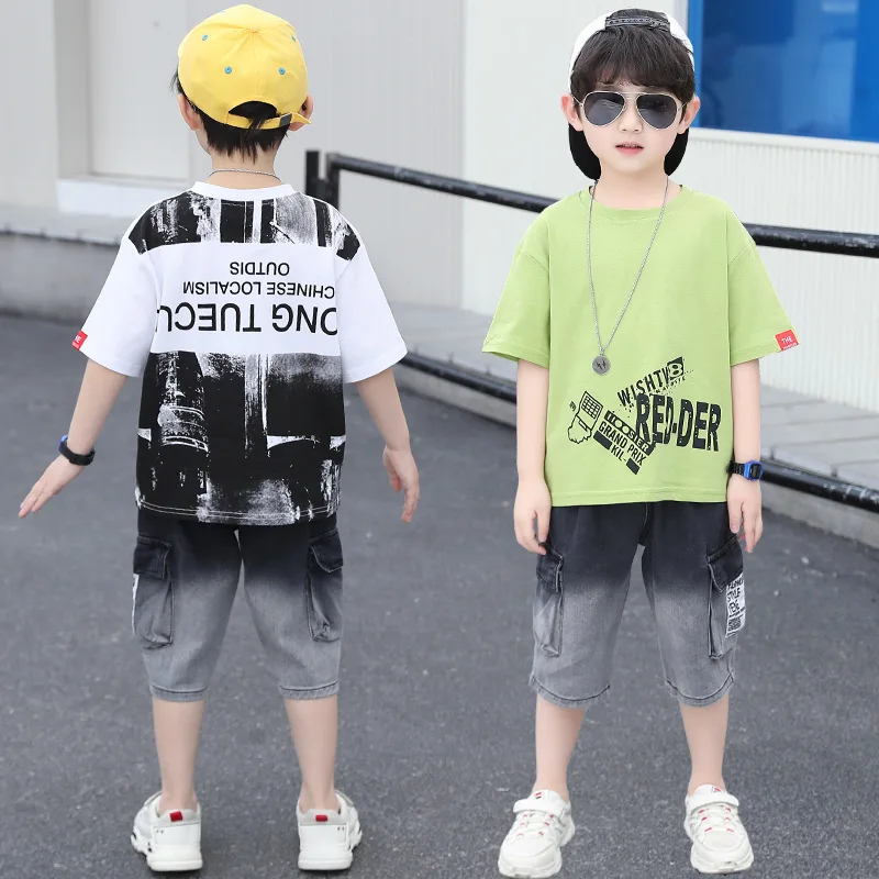 

Children's suits, boys' new style, western style, summer short-sleeved denim shorts, two-piece personality clothing, boy clothes