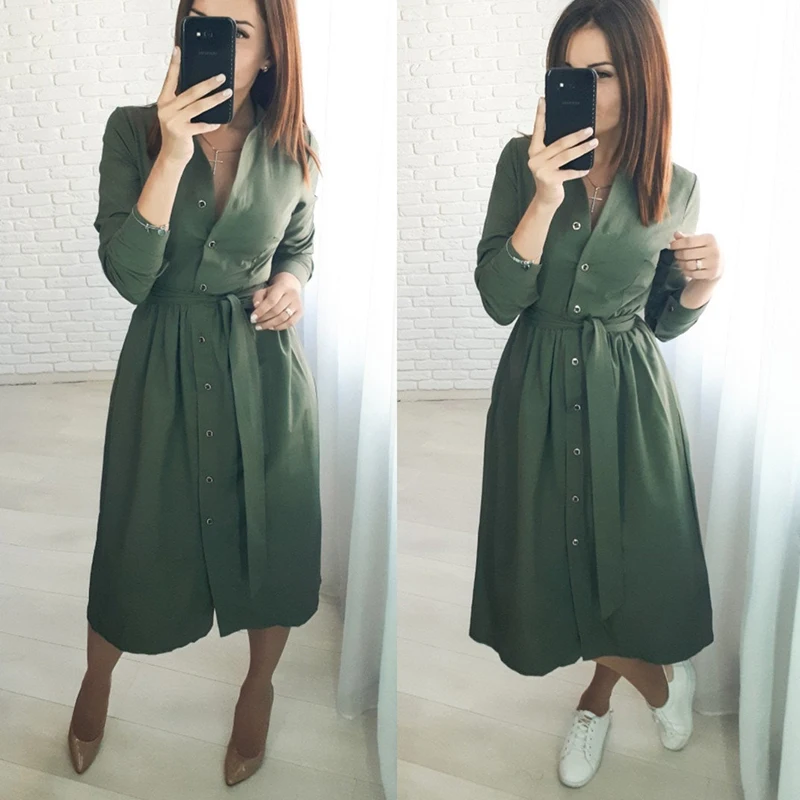 

Autumn Dress Women Vintage Sashes Front Button A-line Party Dress 2020 Long Sleeve Stand Collar Solid Elegant Office Lady Dress