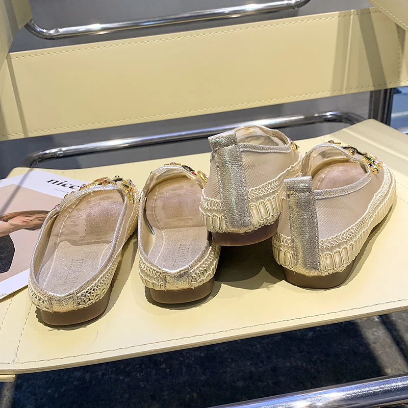 

Shoes Woman 2021 Female Slippers Cover Toe Loafers Low New Flat Rubber Slides Fisherman PU Cotton Fabric Basic Fretwork Cover To