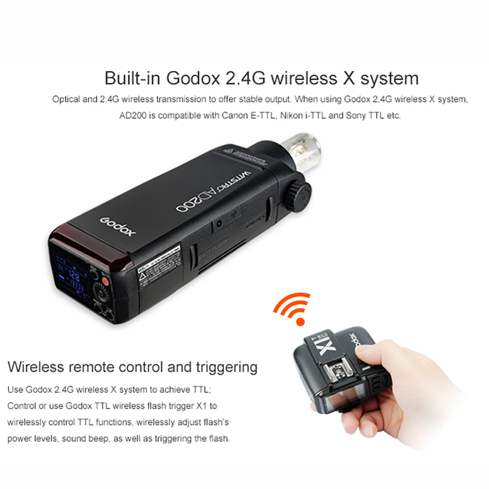 GODOX AD200 TTL 2.4G HSS 1/8000s Pocket Flash Light 2900mAh Flashlight for Canon Nikon Sony Fujifilm Speedlite Studio | Электроника