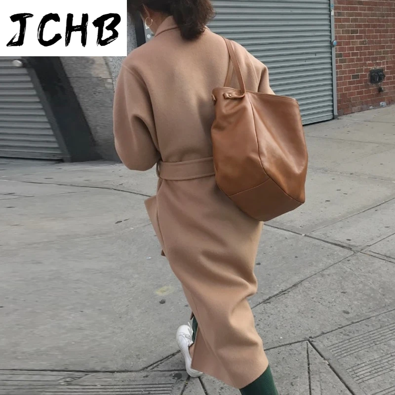 

SHZQJCHB Lady Solid Long Wool Coat Batwing Long Sleeve Elegant Office Jacket Female Turn Down Collar Casual Coat Women 2021