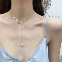 trendy charm long tassel leaf pearl jewelry necklace for women adjustable gold color clavicle chain choker lady party collar