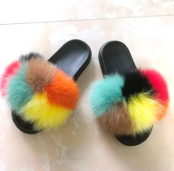 as pic shows 19 Women Fox Fur Slippers Real Fox Fur Slides Lovely Plush Slippers Woman Summer Home Sandals Women Fur Slides Furry Flip Flops Hot - Цвет: as pic shows 19