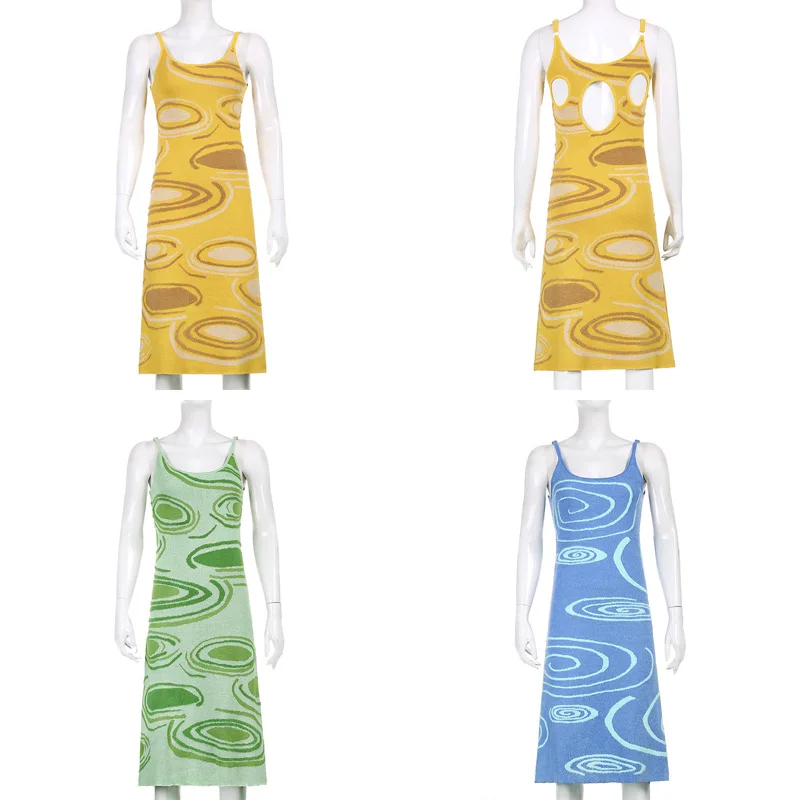 

Fashion Print Knitted Long Dress Summer Hollow Out Bodycon Dress Women Spaghetti Strap Boho Slip Dress Y2K Green Yellow Blue