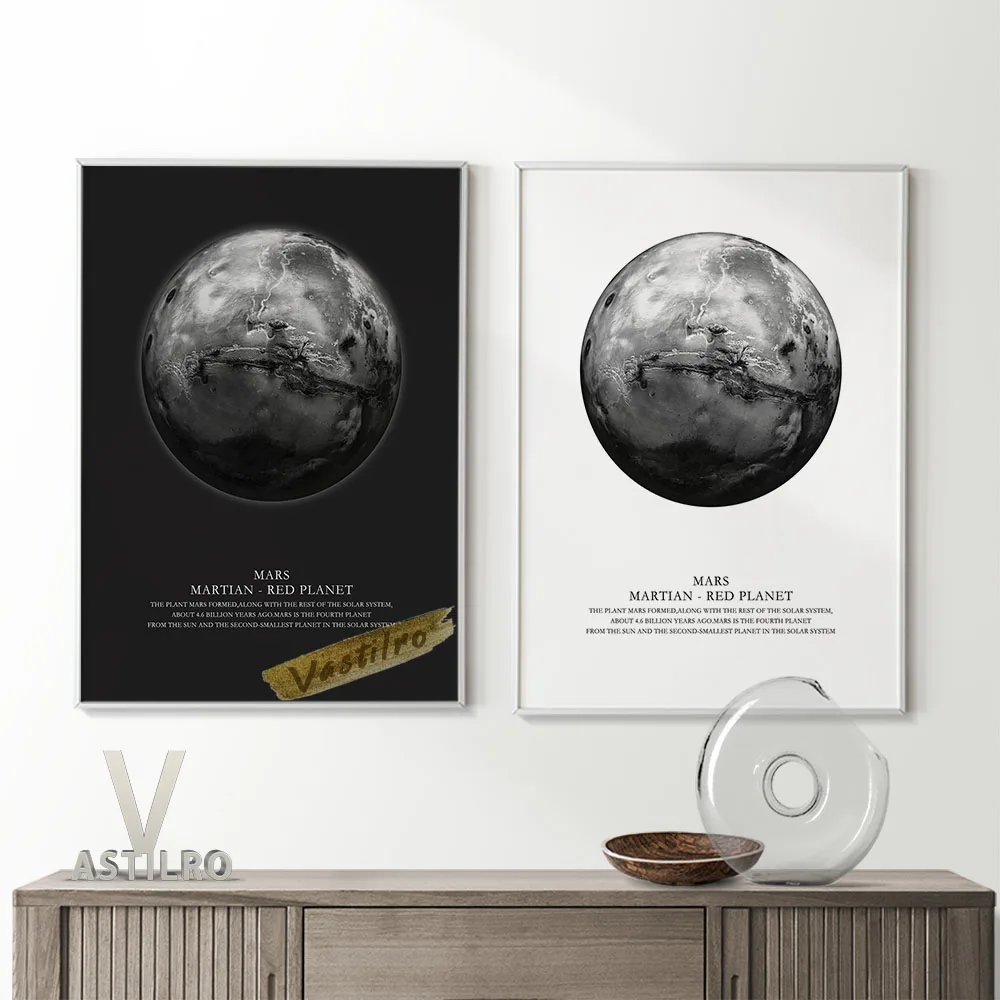 

Universe Red Planet Mars Illustration Black White Poster Outer Space Solar System Martian Canvas Painting Wall Art Home Decor