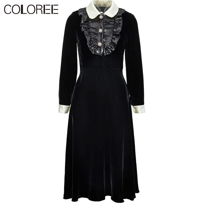 

High Quality Runway Dress Women 2020 Autumn Winter Vintage Ruffles Sequined Diamonds Buttons Velvet Midi Dresses For Women