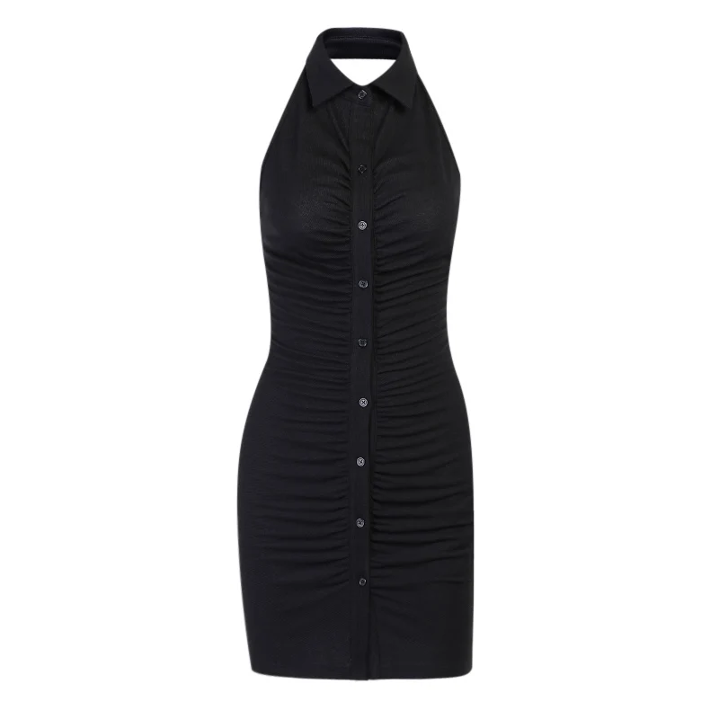 

WannaThis Halter Dresses Women Sleeveless Button Ruched Backless Sexy Mini Dress Summer Casual Black Dress Women Skinny Elastics