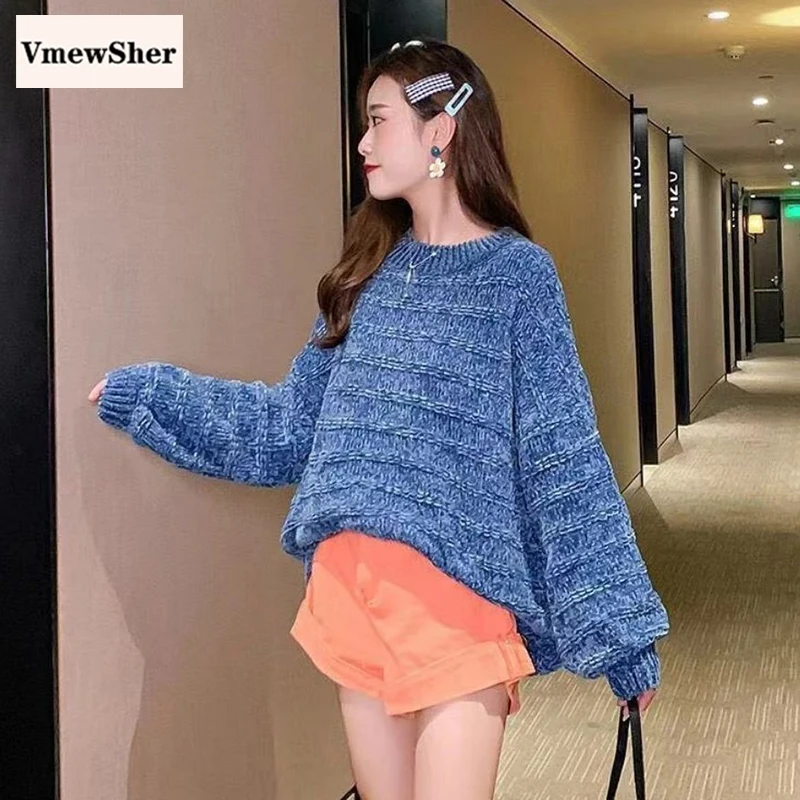 

VmewSher New Solid Knitted Pullover Women Vintage Loose Sweater Chenille Streetwear Autumn Winter Casual Long Sleeve Jumper Tops