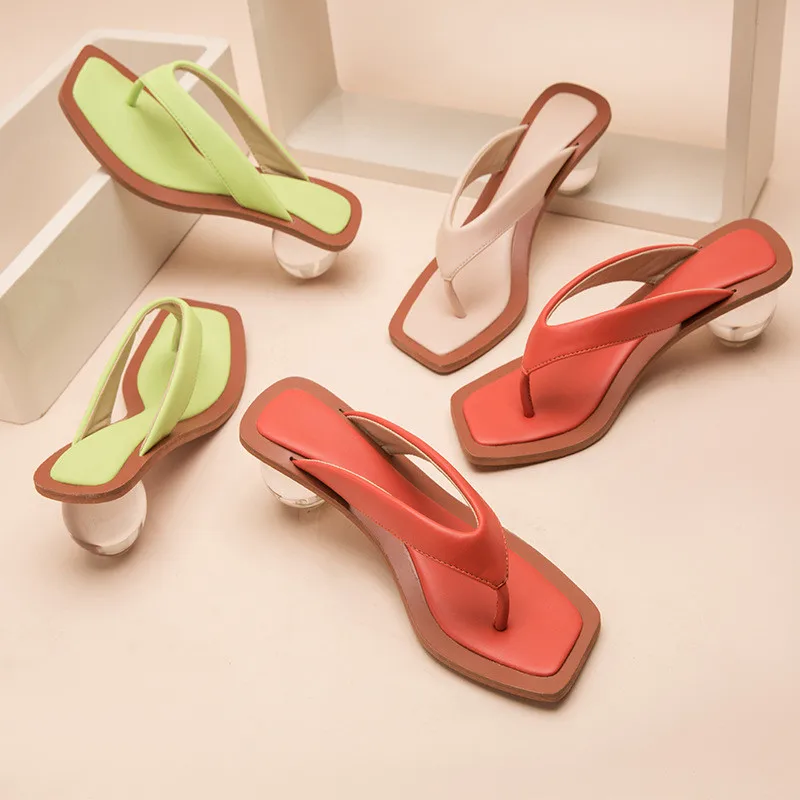 

2021 Summer Luxury Women Designer Crystal Clear High Heels Slides Mules Flip Flop Strange Round Heels Transparent Slippers Shoes