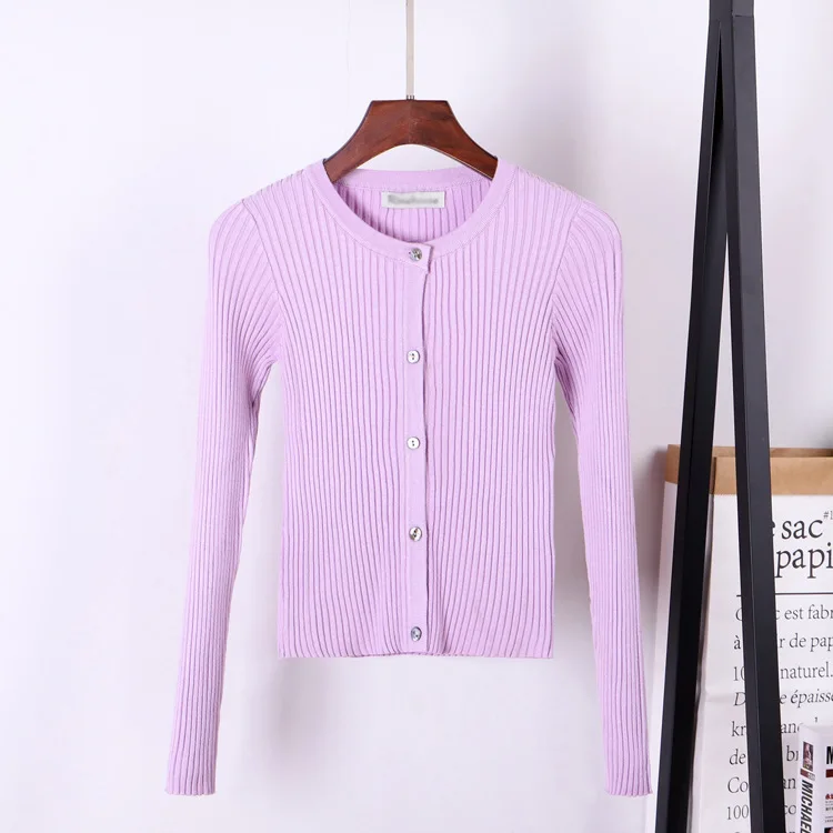 

Spring Women Small Short Button Up Long Sleeve Pink Sweater Slim Striped Cardigan Female Knitted Knitwear Multicolor Ladies Tops