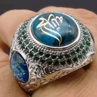Новое религиозное мусульманское кольцо с буквенным принтом в виде руны, мужское кольцо, богемное кольцо с зеленым кристаллом, инкрустированное кольцо, аксессуары, вечерние ювелирные изделия