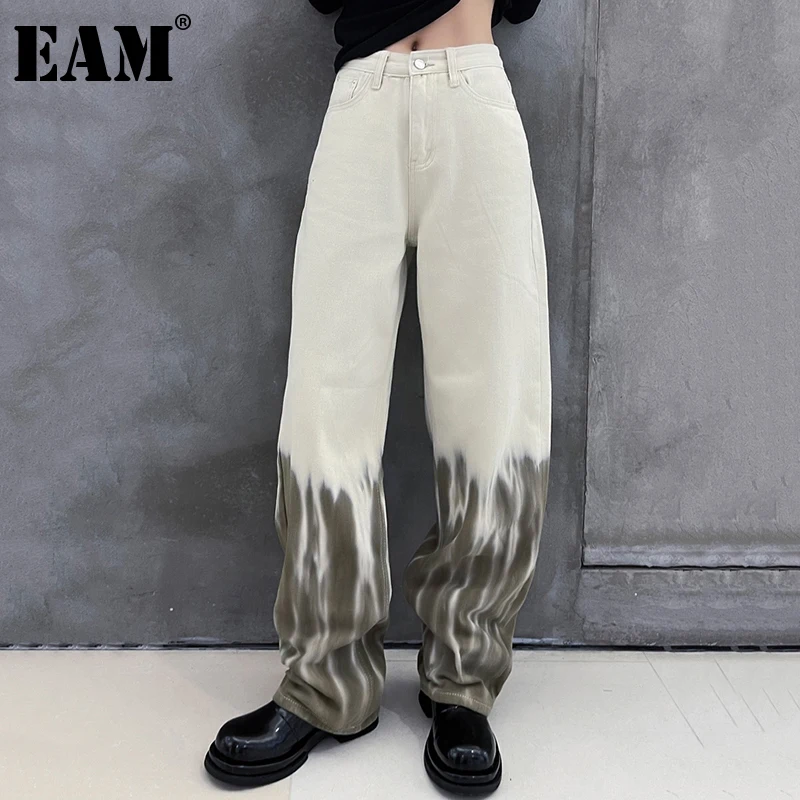 

[EAM] High Waist Apricot Color-block Long Denim Wide Leg Trousers New Loose Fit Pants Women Fashion Spring Autumn 2022 1DE2864
