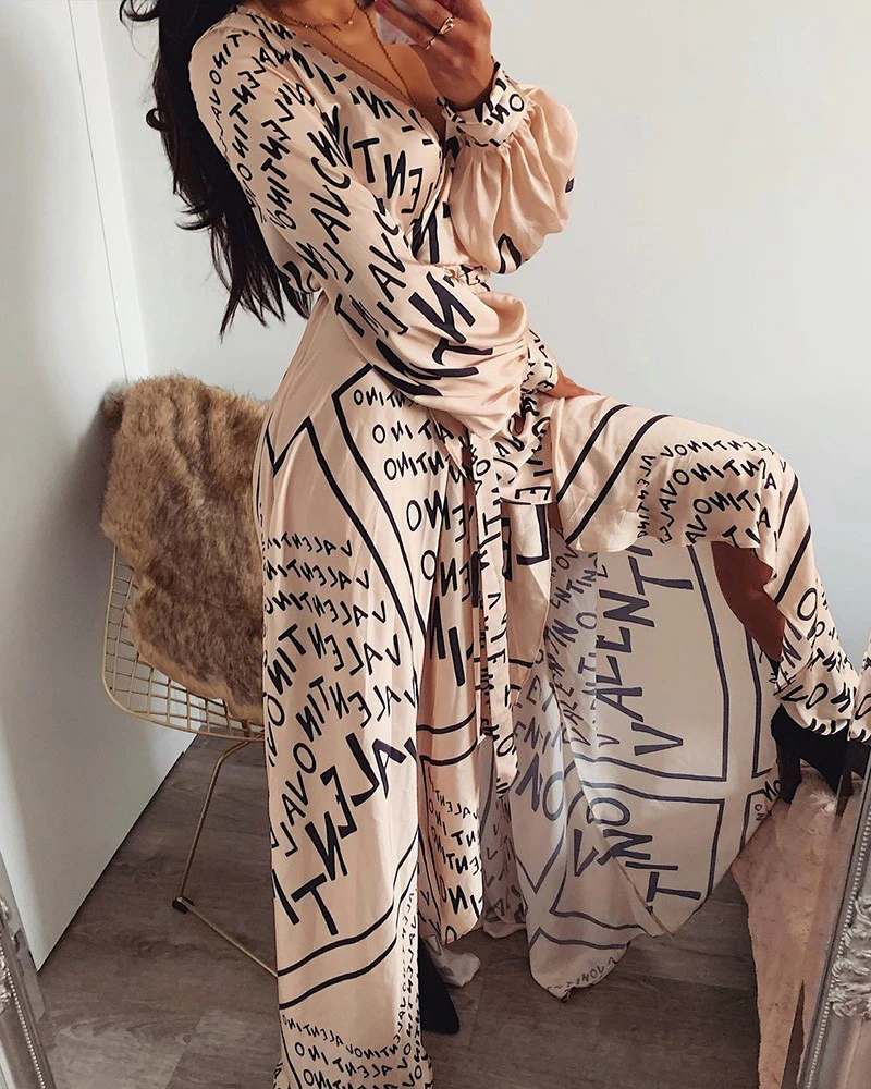 Women Hot Letter Print Boho V-neck Long Dress Spring Summer Autumn Slit Maxi Beach Robe Femme Casual Loose Dresses | Женская одежда