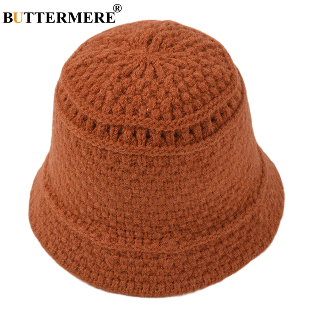 BUTTERMERE Knit Bucket Hat Womens Autumn Winter Women Hat Solid Harajuku Ladies Brown Brand Wide Brim Fisherman Cap
