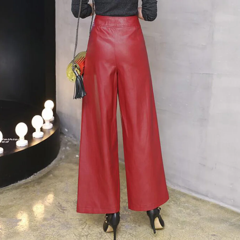 Women' s PU Leather Trousers 2022 Autumn Fashion OL Wide Leg Pants Casual Solid Bottoms Femme Pantalon | Женская одежда