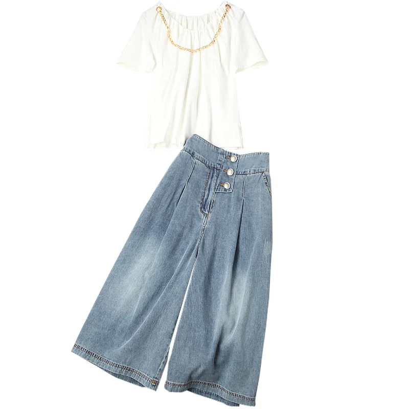 

Chic Matching TWO PIECE SET Denim Jeans Suit Women Sequined T-Shirt Club Outfits 2 Piece Set Denim Pants Wide Leg Palazzo