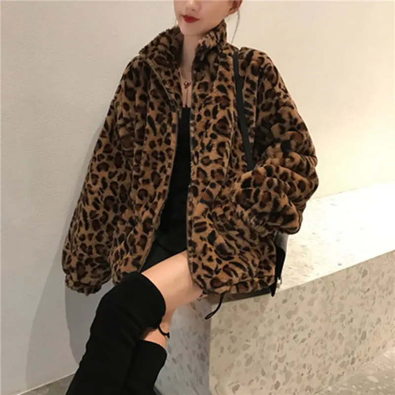 

Winter Women Leopard print Faux fur Jacket 2021 New Autumn Winter All-match Korean Loose Vintage Outwear Warm Thicken Wool Coats