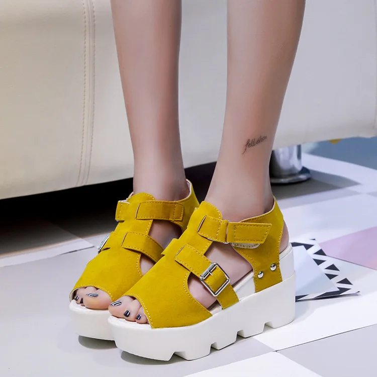 

2018 Europe and The United States Rome Slope Hook and Loop Fish Mouth Sandals Platform Muffin Thick Bottom Belt Buckle Shoes
