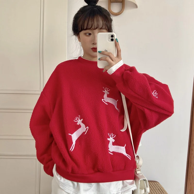 

Women 's Hoodie Christmas Jumper Kawaii Red Cartoon Deer New Year Pullover Streetwear Winter Kerst Kleding Thick Coat 2022 New