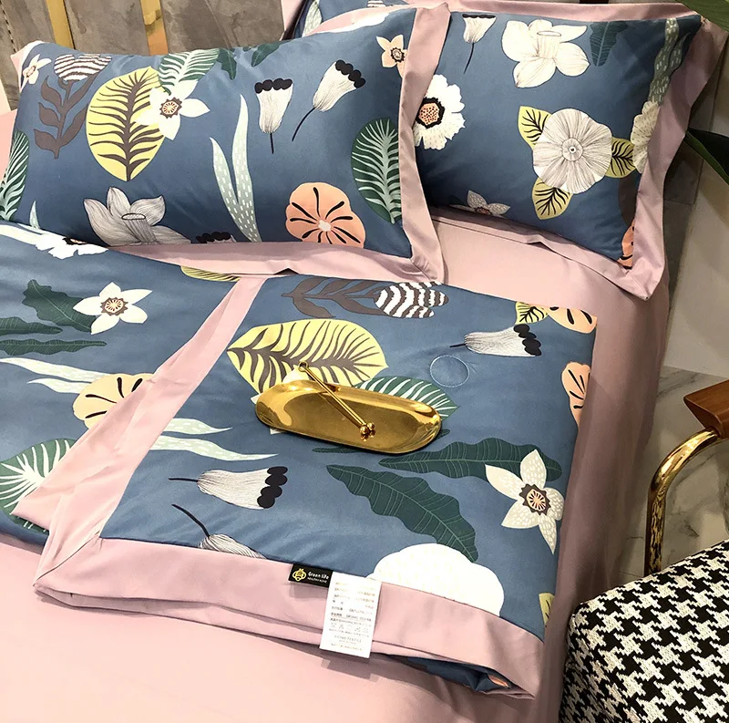 

600TC Luxury Single Bedding Double Tencel Summer Blanket Horse Silk Quilt Set Bed Linens Sheet Pillowcase Queen Family Size