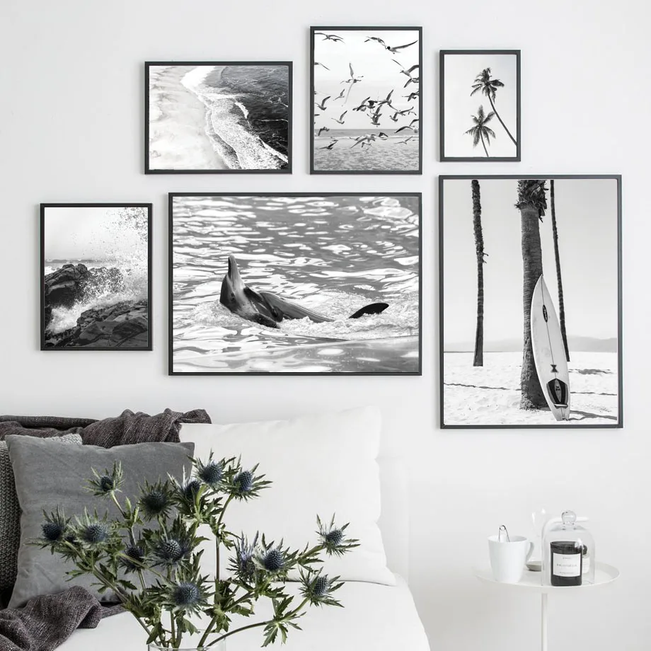 

Black and White Canvas Poster Modern Fashion Wall Art Seascape Surfboard Palm Trees Prints Pictures for Living Room Frameless