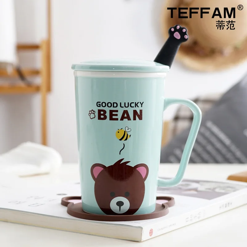 Light Green Bear 360 мл керамические кофейные кружки с изображением животных с крышкой и ложкой, чашки для молока, чая, воды, креативные подарки, мультяшный стиль, обезьяна, кролик, для Чи - Цвет: Light Green Bear