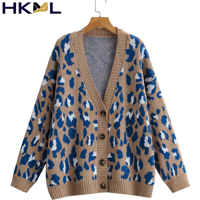 

2021 Women Sweater Cardigan Print Leopard Wide Large Size Knit Jacket Coat Jumper Knitwear Jersey Autumn
