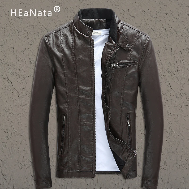 Мужские Куртки из искусственной кожи одноцветные тонкие со стоячим воротником