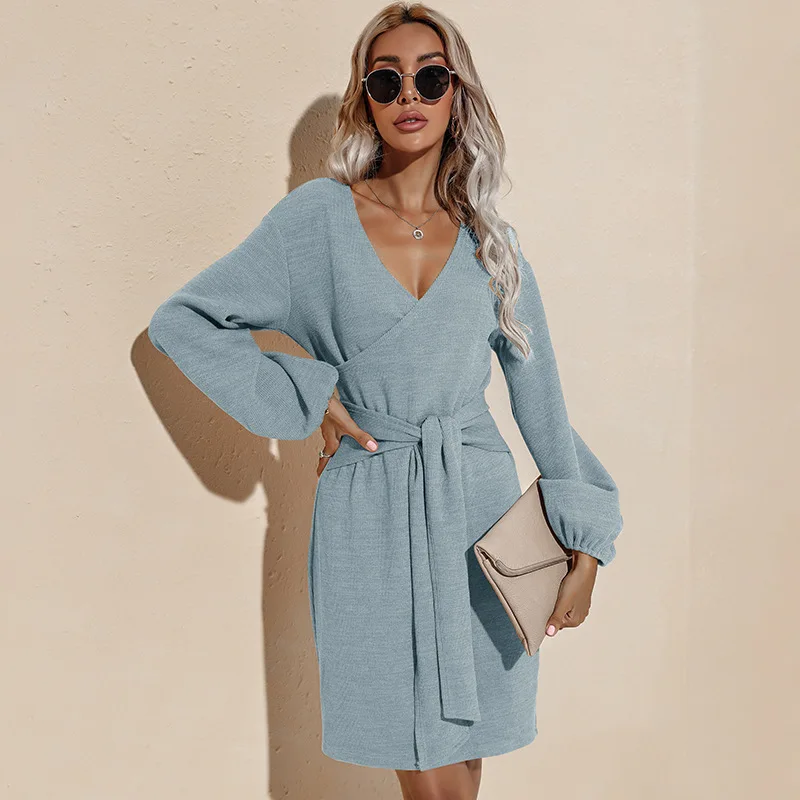 

Elegant Fashion Women Long Sleeve Deep V Neck Jumper Dress Ladies Winter Bodycon Slim Short Mini Pencil Dresses Women Dress