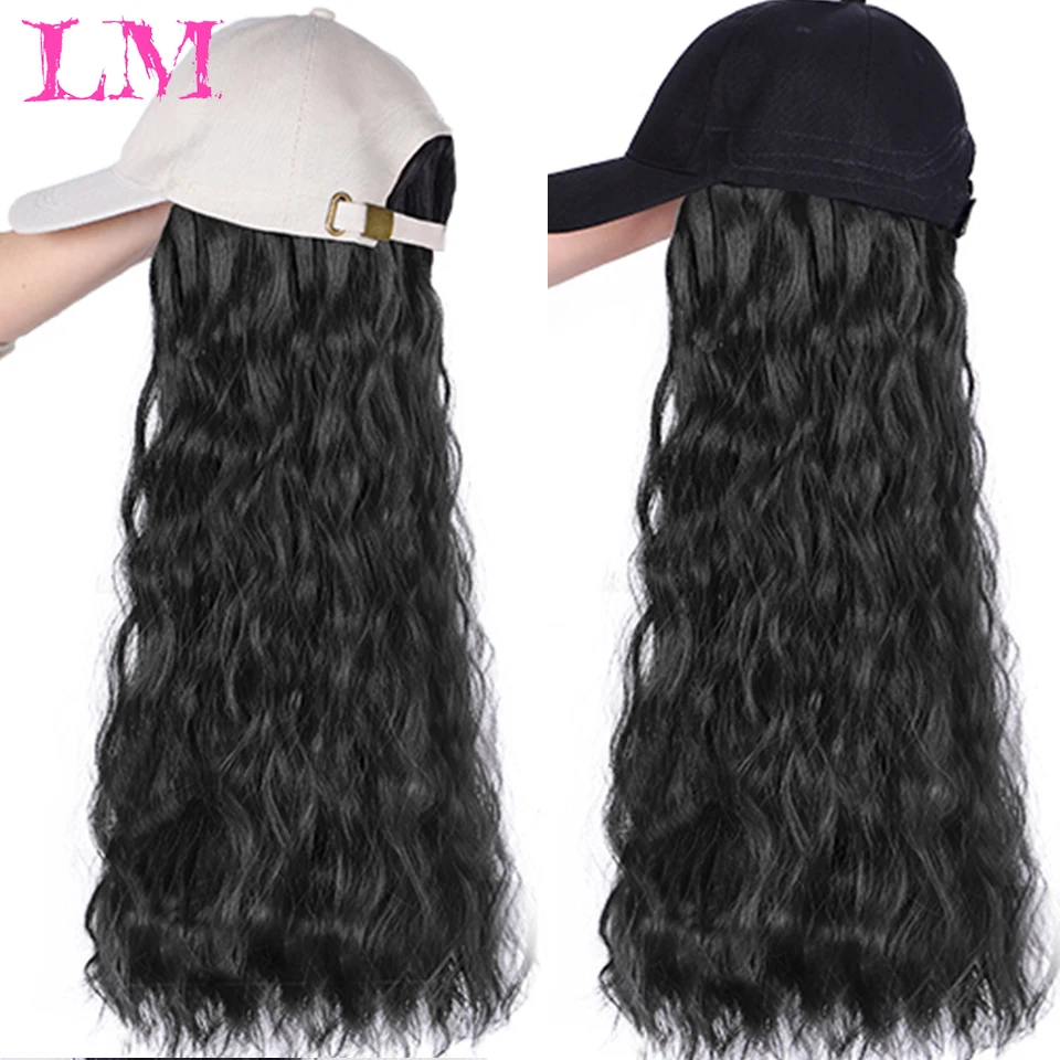

LiangMo Women black Baseball Cap With Long Straight/Wavy Fake Hair Hat Wig Synthetic Hair Extensions Black Brown Cap Wig
