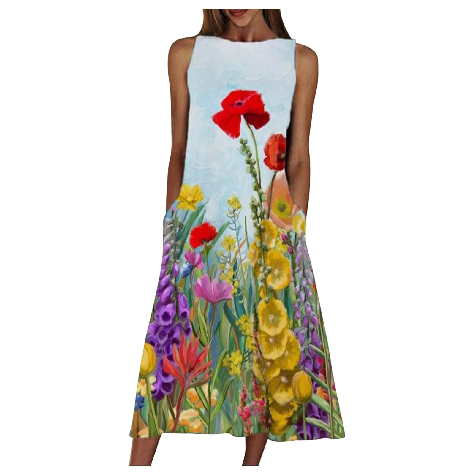 

Sagace 2021 New Summer Flower Dress Women Print Beach Holiday Dress Round Neck Big Swing Pocket Maxi Dress