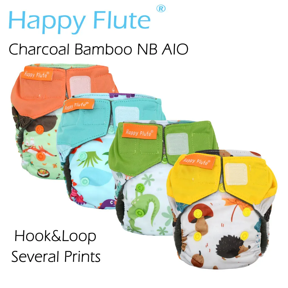 HappyFlute новорожденный уголь бамбуковый AIO, пришитый внутри вставки, двойные протекторы, водонепроницаемый, подходит для 0-3 месяцев ребенка или 6-12 фунтов