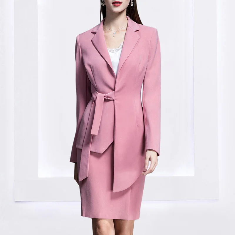 2020 new summer and autumn notched collar full sleeves pink color asymmetrical blazer and pants set Two pieces U872