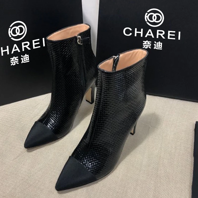 

charei 2020 new autumn winter single boot high heel boot middle boot small thick heel ankle boot square toe leather boot stretch