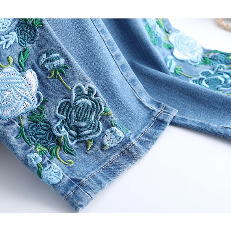 Женские тонкие джинсы с вышивкой FERZIGE повседневные Прямые брюки стрейч эффектом