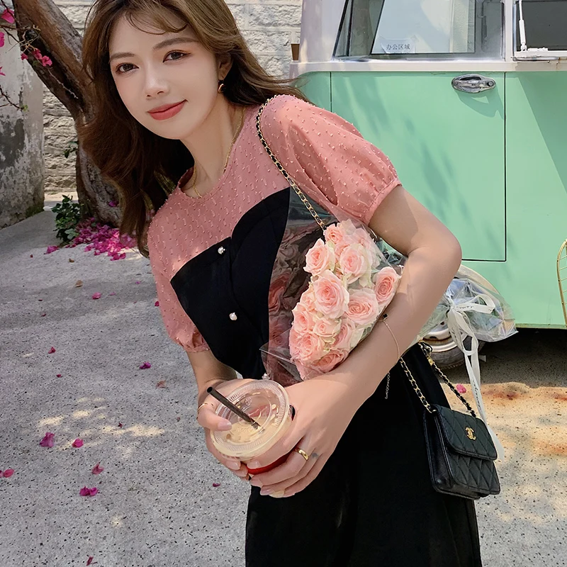 

GRUIICEEN New Summer Elegant Mid Dress Women Fashion DOT Gauze Patchwork Slim Empire Dress