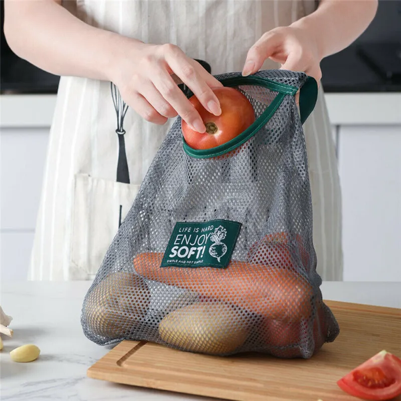 

Fashion Mesh Vegetable Bags Produce Bag Reusable Mesh Vegetables Fruits Storage Bag Home Kitchen Storage Packs with Drawstring