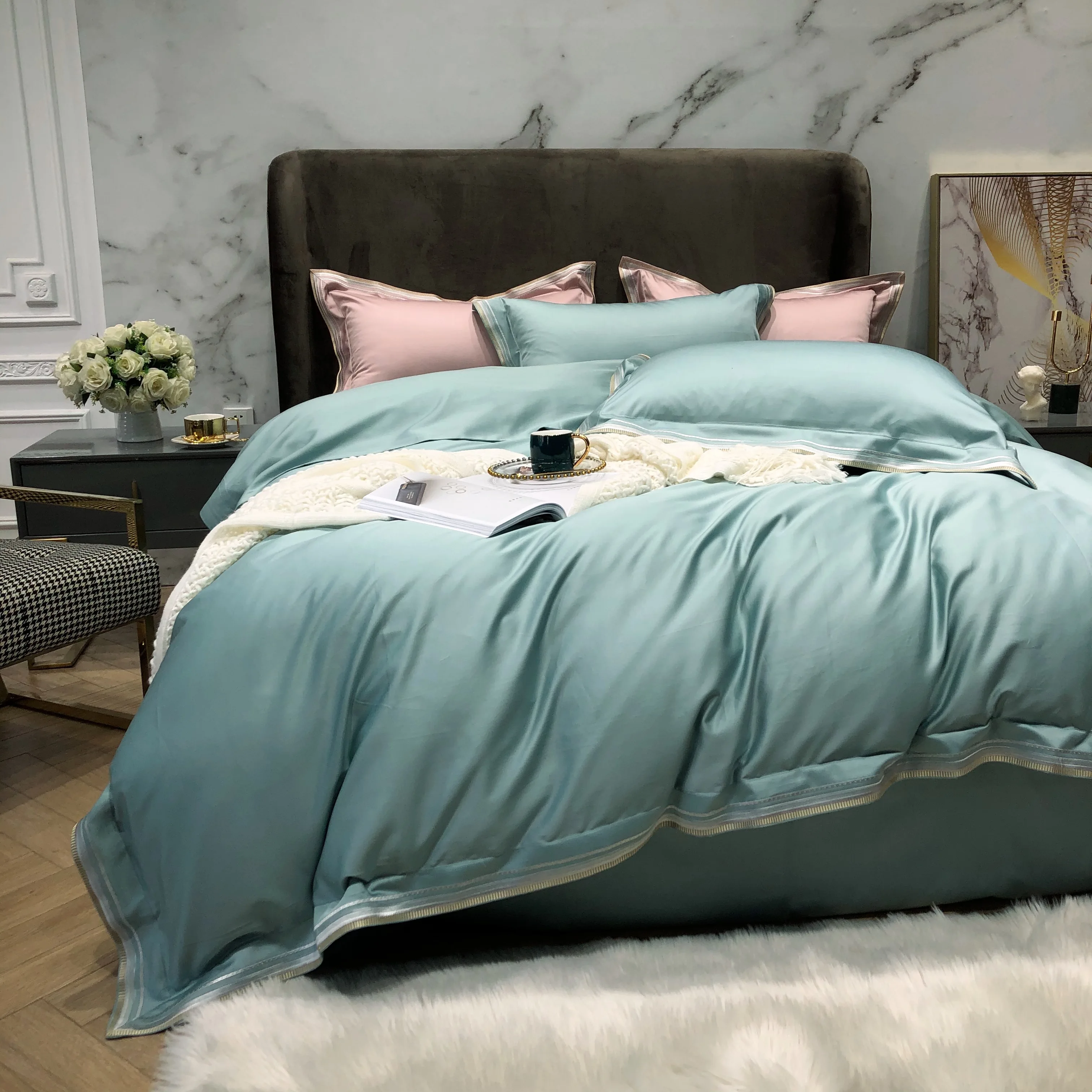 

100% Egyptian Cotton Premium Luxury Bedding Set Soft Grey King Queen size Duvet cover Bed Sheet set Patchwork Pillowcases
