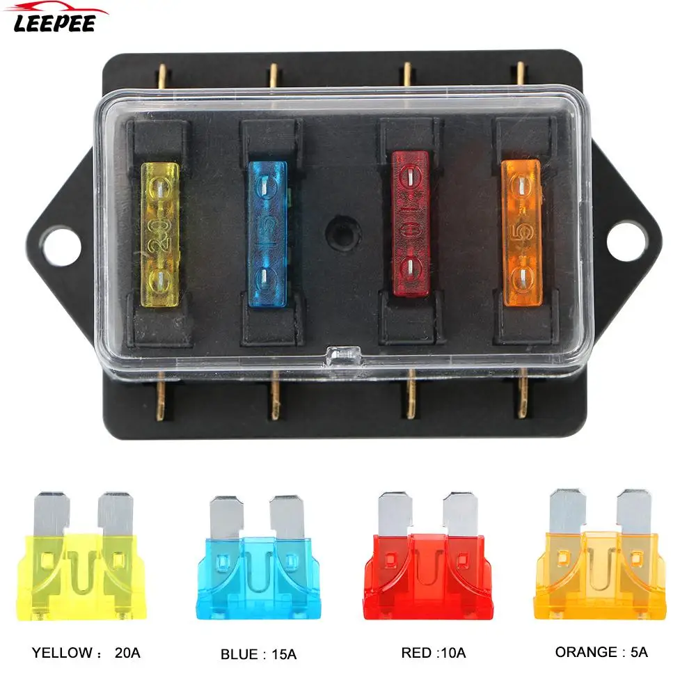

4 Ways Blade Fuse Block Plastic Cover Block & Warning Indicator 12V/24V+4 Way Fuse Fuse Box Holder For Auto Car Marine Trike