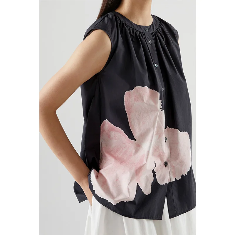

2021 summer new style sleeveless round neck flower print loose temperament fashion cotton vest women
