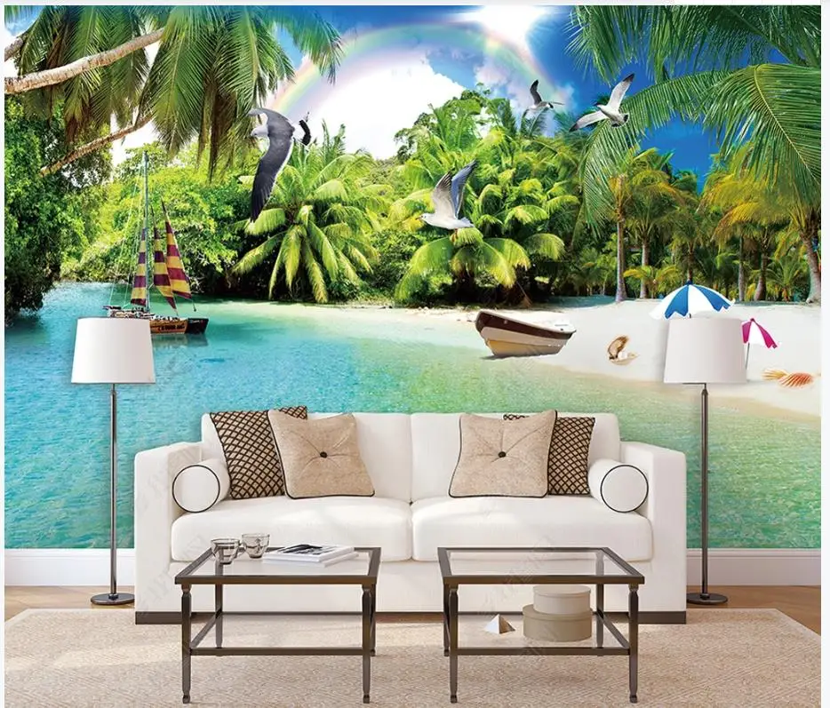 

Custom photo wallpaper for walls 3 d mural Beautiful Mediterranean Sea View Beach Tree Living Room TV Background Wall papers