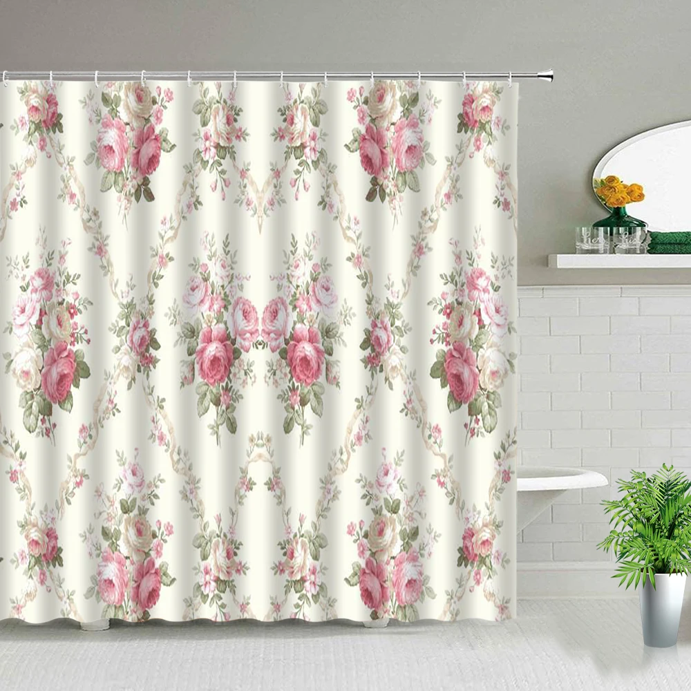 

Pink Rose Flower Shower Curtains Floral Plant Leaves Scenery 3d Print Waterproof Bathroom Curtain With Hooks Bathtub Decor Cloth
