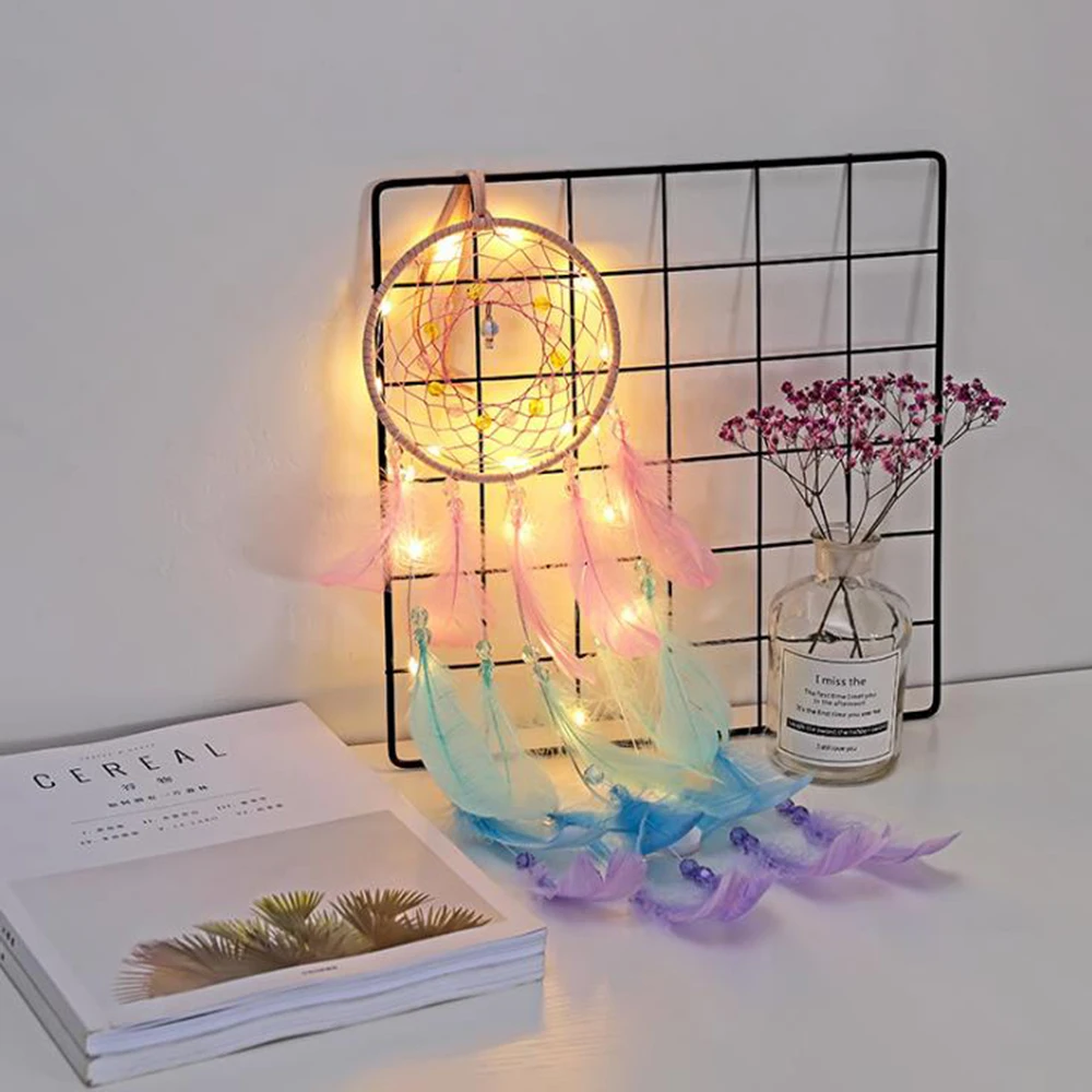 

Wall Dreamcatcher Led Handmade Feather Dream Catcher Braided Wind Chimes Art For Room Decoration Poster Hanging Home Decor